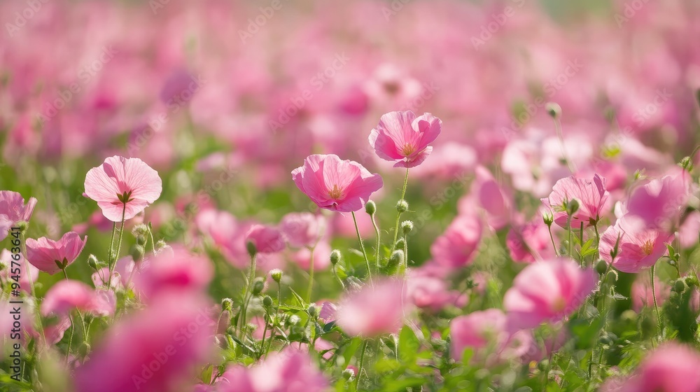 A field of pink flowers and green leaves, stretching out as far as the eye can see, creating a sense of peace and tranquility, A field of pink flowers and green leaves, stretching out as far as the eye can see, creating a sense of peace and tranquility,