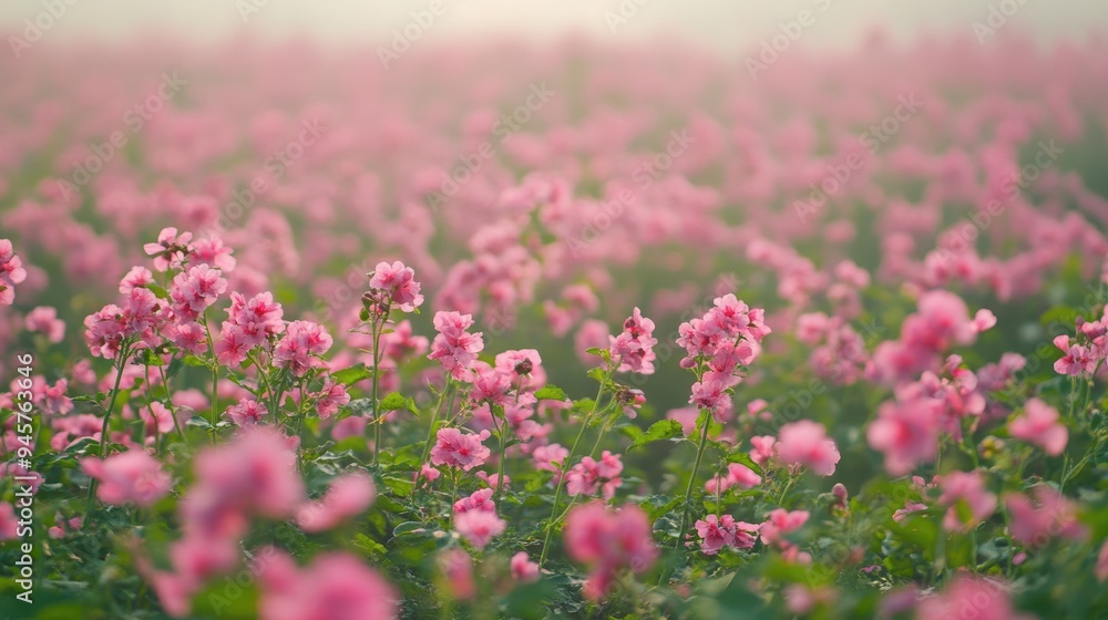 Obraz premium A field of pink flowers and green leaves, stretching out as far as the eye can see, creating a sense of peace and tranquility,