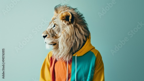 Artistic portrait of a lion wearing a colorful hoodie, blending nature with whimsical fashion. photo