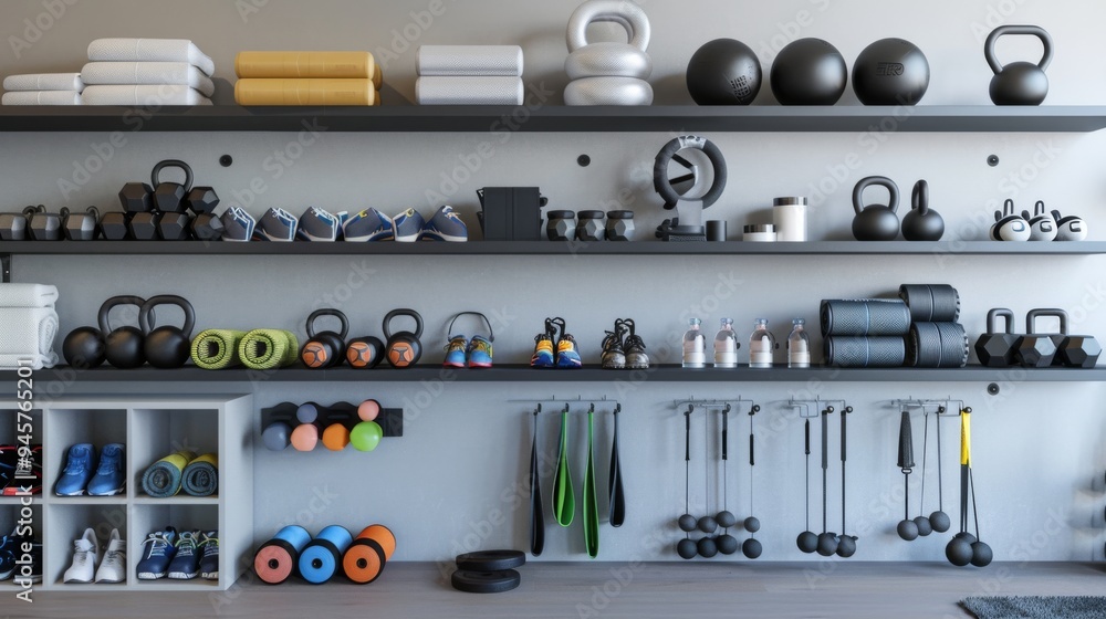 Neat, organized gym equipment lined up on open shelves, showcasing a variety of weights, kettlebells, resistance bands, and other fitness gear. Neat, organized gym equipment lined up on open shelves, showcasing a variety of weights, kettlebells, resistance bands, and other fitness gear.