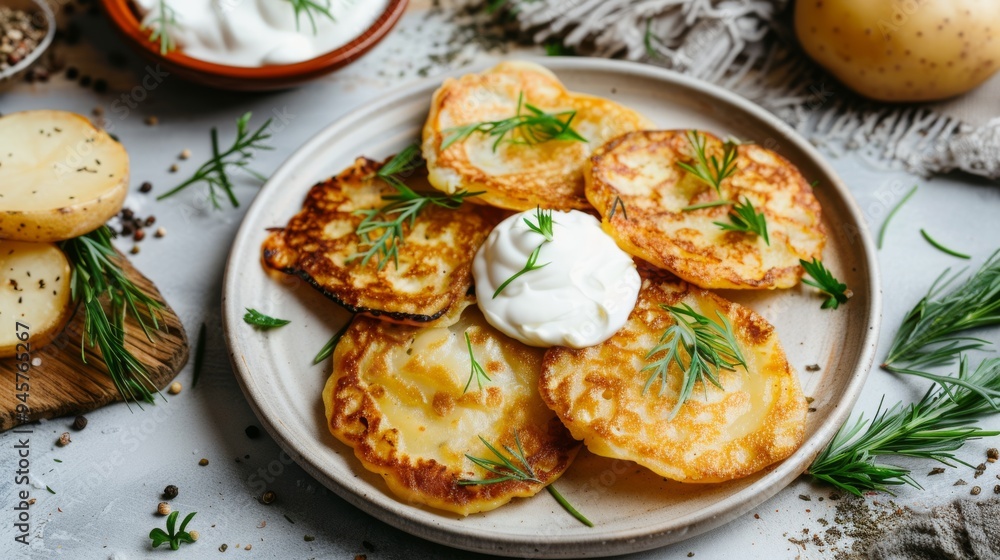 A close-up of crispy golden potato pancakes garnished with fresh rosemary and a dollop of sour cream on a rustic plate. A close-up of crispy golden potato pancakes garnished with fresh rosemary and a dollop of sour cream on a rustic plate.