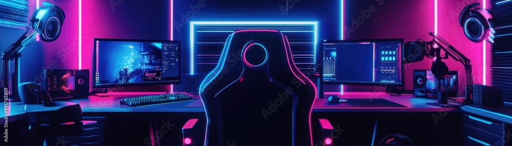 Fototapeta premium Modern gaming setup with dual monitors, colorful LED lights, and ergonomic chair. Ideal for gamers and tech enthusiasts.