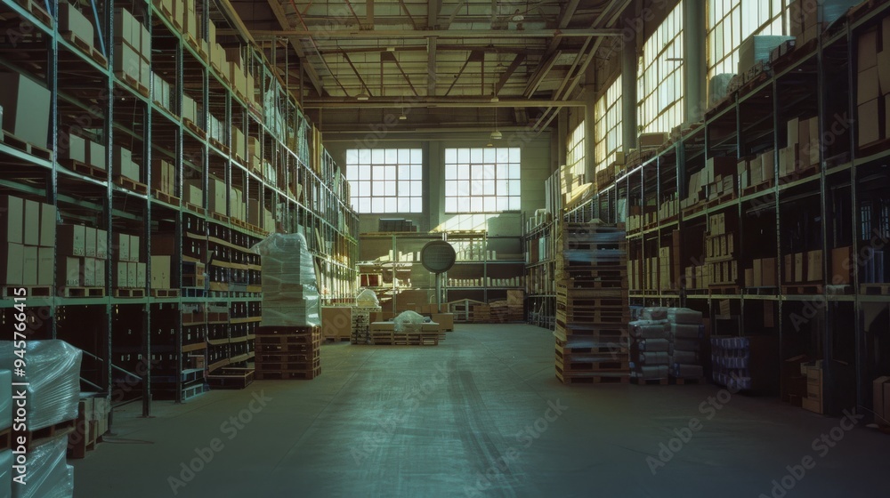 A vast, orderly warehouse filled with stacked boxes and shelves, bathed in soft sunlight filtering through large windows, evoking a sense of industry and organization. A vast, orderly warehouse filled with stacked boxes and shelves, bathed in soft sunlight filtering through large windows, evoking a sense of industry and organization.
