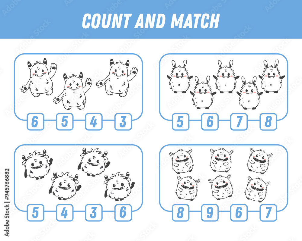 Education game for children count and match of cute cartoon monsters, printable worksheet. Vector
Education game for children count and match of cute cartoon monsters, printable worksheet. Vector