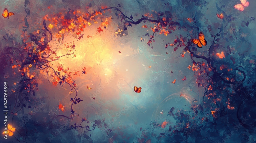 Abstract Art with Butterflies, Flowers and Branches on a Blue and Orange Background. Abstract Art with Butterflies, Flowers and Branches on a Blue and Orange Background.