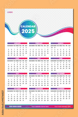 2025 One page wall calendar design template, 12 month one page modern calendar 