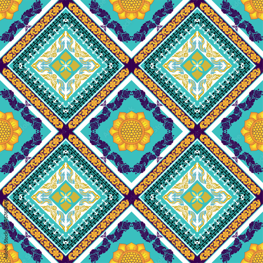 Geometric thai pattern seamless wallpaper with floral ornament Geometric thai pattern seamless wallpaper with floral ornament