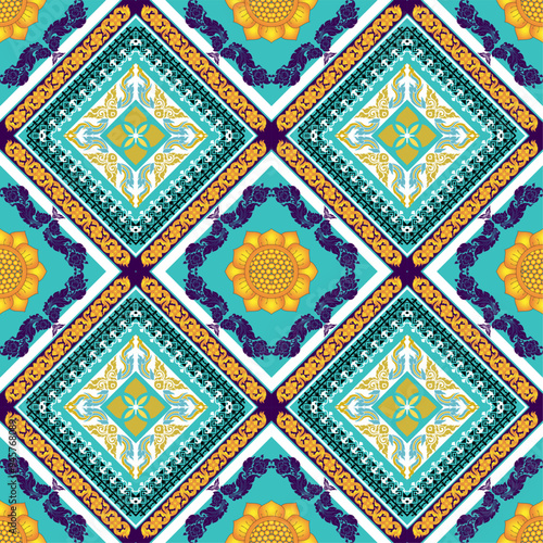Geometric thai pattern seamless wallpaper with floral ornament