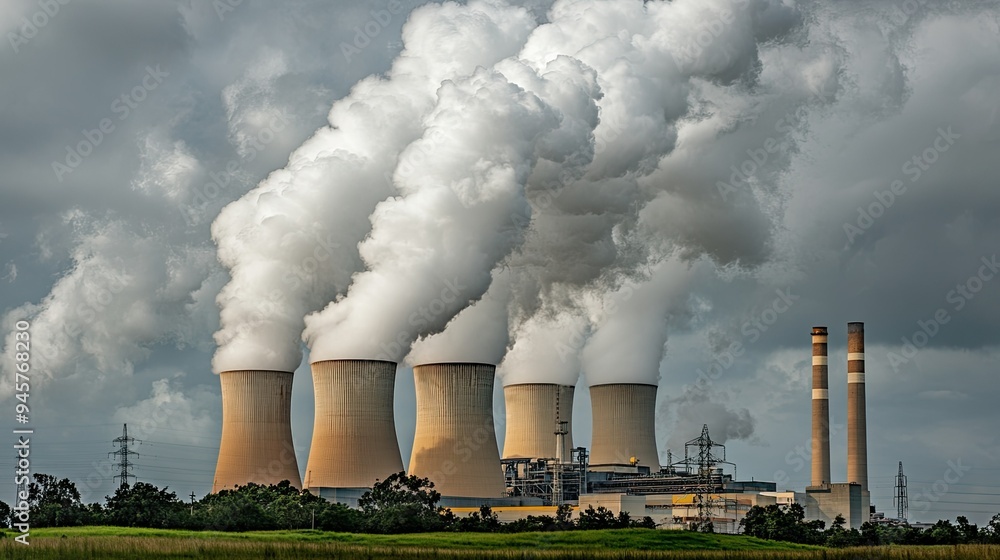 A coal power plant with towering smokestacks releasing clouds of smoke, highlighting traditional energy sources. A coal power plant with towering smokestacks releasing clouds of smoke, highlighting traditional energy sources.