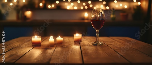 A cozy ambiance featuring a glass of red wine and lit candles on a wooden table, perfect for romantic evenings.