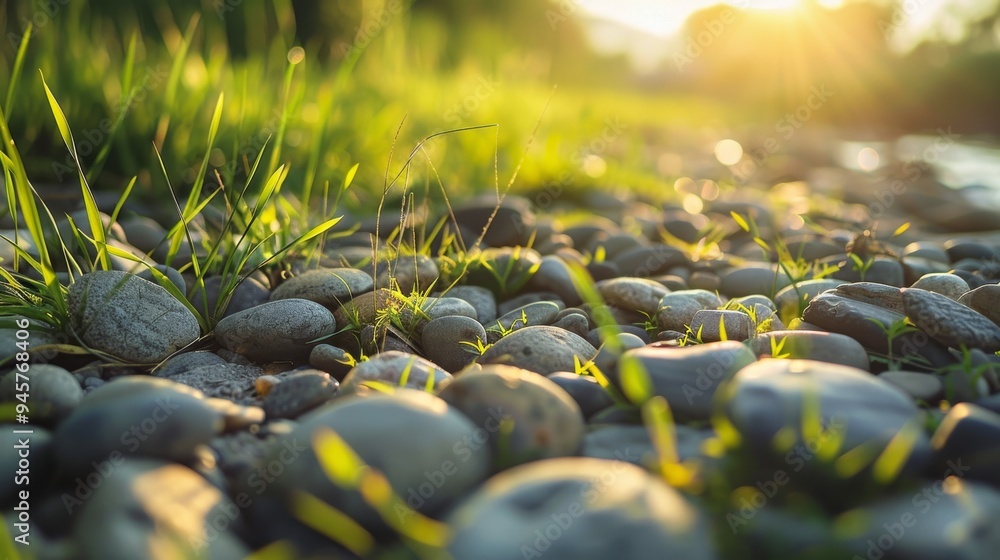 Smooth pebbles and green grass bask in the warm glow of a sunset, creating a serene riverside scene. Smooth pebbles and green grass bask in the warm glow of a sunset, creating a serene riverside scene.