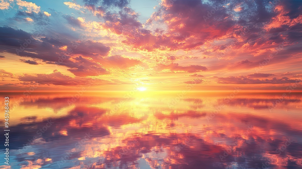 Fototapeta premium A dramatic sunset with vibrant colors reflecting on clouds, creating a breathtaking skyscape.