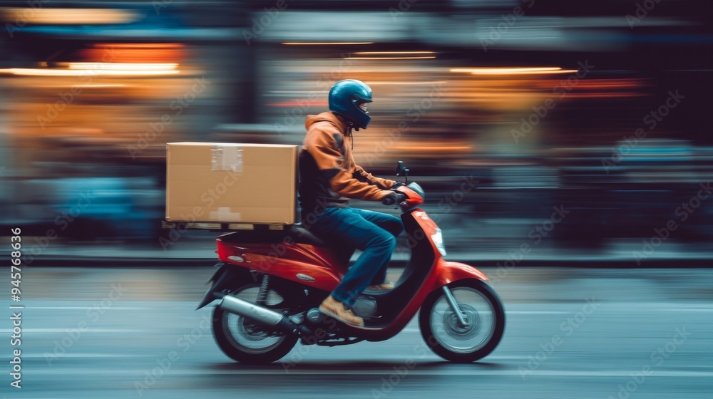 Fototapeta premium Delivery man on a red scooter with a box on the back, speeding through the city streets in a motion blur.