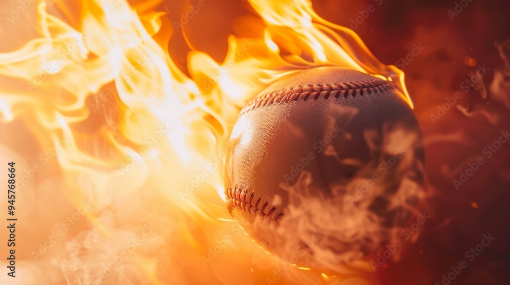 Close-up of a baseball engulfed in flames mid-flight, creating a dramatic and intense visual highlighting speed and power. Close-up of a baseball engulfed in flames mid-flight, creating a dramatic and intense visual highlighting speed and power.
