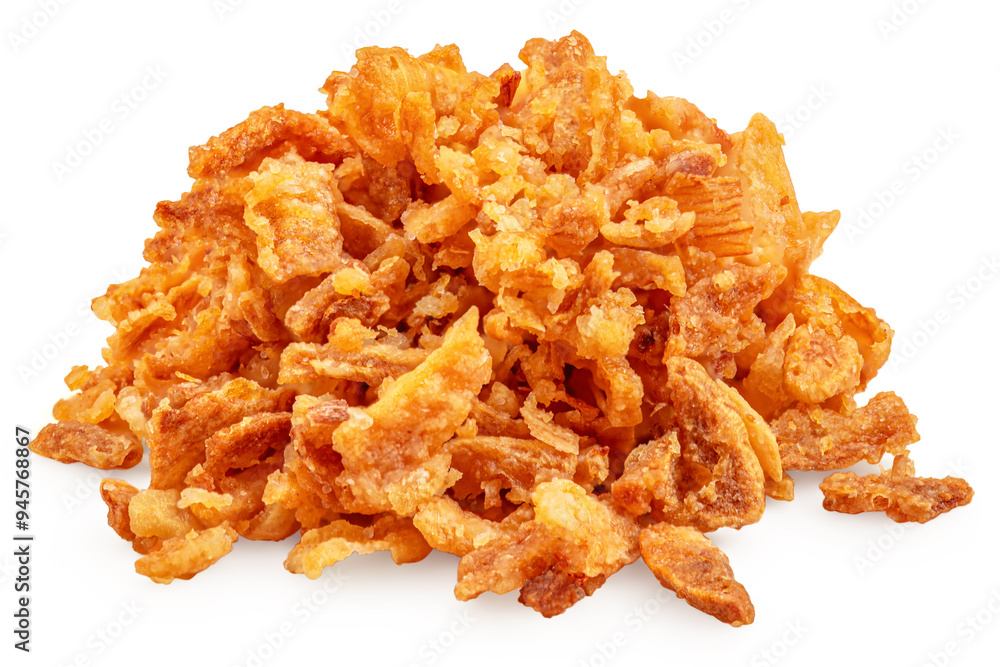 Pile of crispy fried onions isolated on white. Roasted Onions or bulb chips close up. Pile of crispy fried onions isolated on white. Roasted Onions or bulb chips close up.