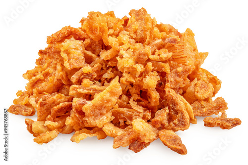 Pile of crispy fried onions isolated on white. Roasted Onions or bulb chips close up.