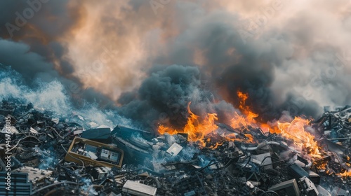 A disturbing scene of a burning pile of electronic waste, sending thick plumes of smoke into the air, symbolizing pollution and environmental degradation.