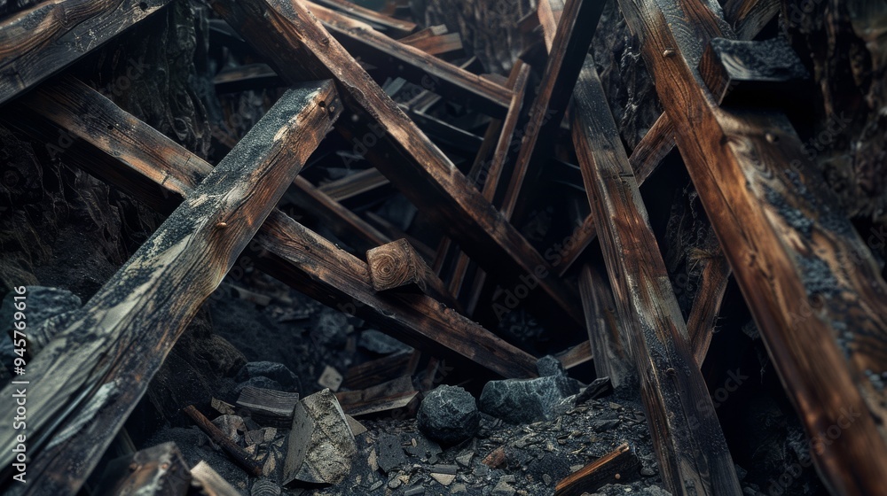 An underground wooden structure at risk of collapse, with beams and debris chaotically arranged within a dimly lit tunnel. An underground wooden structure at risk of collapse, with beams and debris chaotically arranged within a dimly lit tunnel.