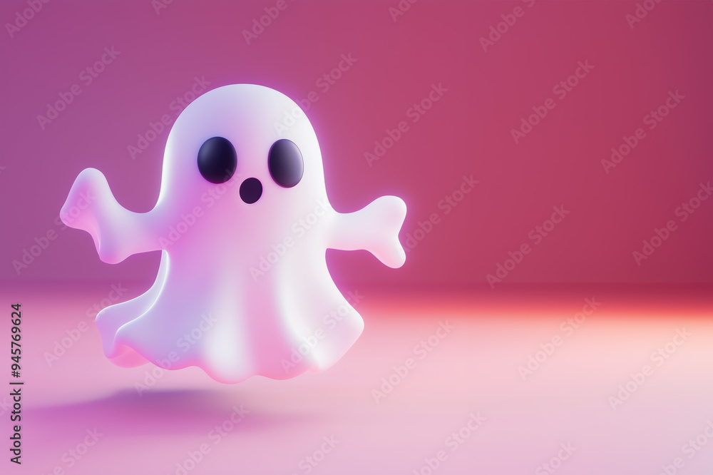 A little flying 3d white ghost on a pink background with copy space, Simple 3D halloween ghost template banner wallpaper, AI generated A little flying 3d white ghost on a pink background with copy space, Simple 3D halloween ghost template banner wallpaper, AI generated