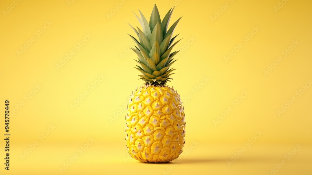 A Single Ripe Pineapple on a Yellow Background A Single Ripe Pineapple on a Yellow Background