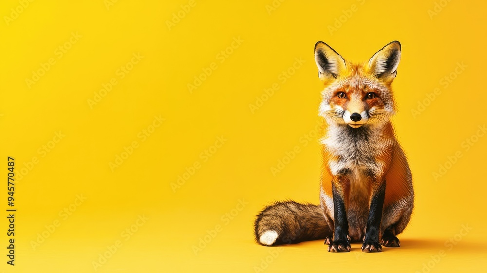 A single fox sitting against a solid yellow background, showcasing its cunning and alertness. A single fox sitting against a solid yellow background, showcasing its cunning and alertness.