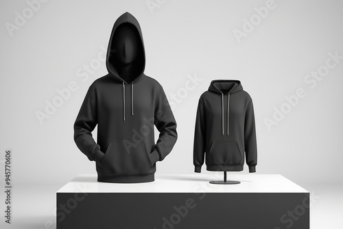 3d black hoodie sweatshirt long sleeve mockup with mannequin placed on podium, isolated white background, AI Generated