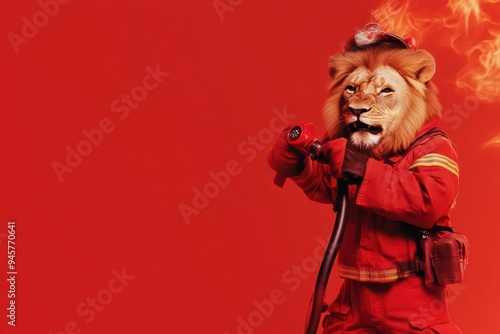 A lion in firefighter gear holds a hose, showcasing bravery and strength against a vibrant red backdrop. photo