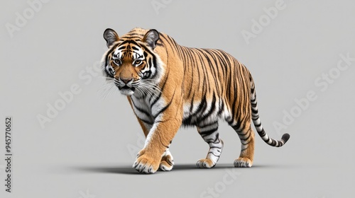 A single tiger prowling against a solid gray background, showcasing its fierce and majestic presence.