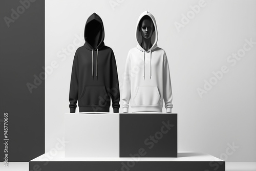 3d black hoodie sweatshirt long sleeve mockup with mannequin placed on podium, isolated white background, AI Generated