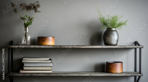 Industrial shelf styling with metal and wood