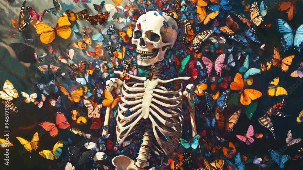 A human skeleton surrounded by a swarm of butterflies, its bones covered in vibrant colors, A human skeleton surrounded by a swarm of butterflies, its bones covered in vibrant colors,