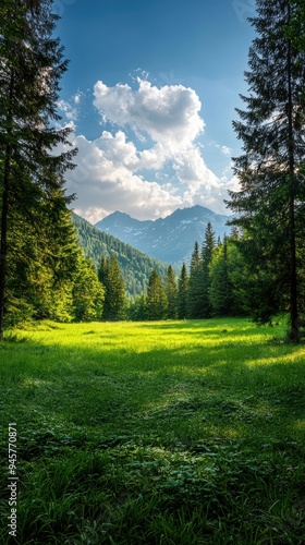 Scenic view of a lush green meadow surrounded by tall trees and majestic mountains under a beautiful blue sky.