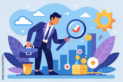 Analyze problem finding solution or opportunity, look for details to solve problem, discovery or search, root cause analysis or troubleshooting concept, businessman analyze mess with magnifying glass.