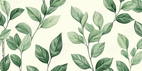 Elegant hand-drawn green plant and leaf pattern designed for vintage botanical art lovers