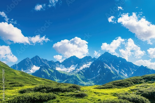 Stunning mountain landscape under a vibrant blue sky, featuring lush green meadows and majestic peaks, perfect for nature enthusiasts.