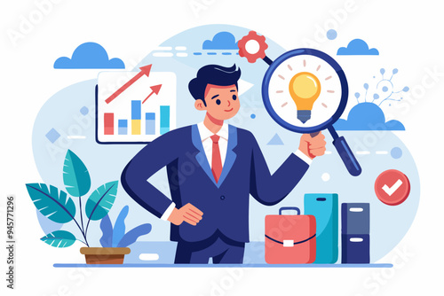 Analyze problem finding solution or opportunity, look for details to solve problem, discovery or search, root cause analysis or troubleshooting concept, businessman analyze mess with magnifying glass.
