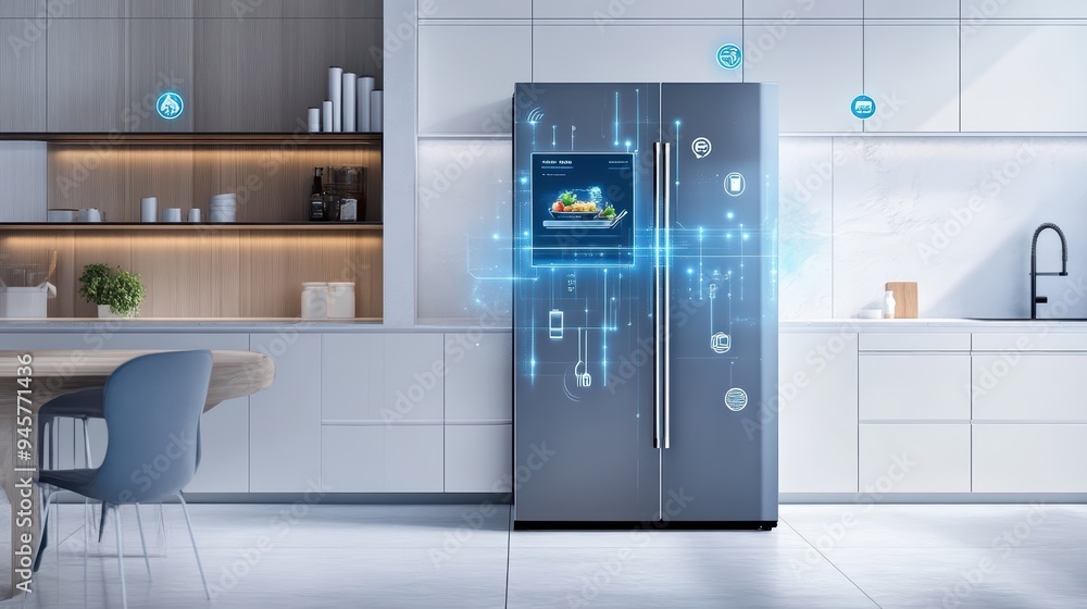 A modern kitchen featuring a smart refrigerator with touchscreen technology and digital features, showcasing a contemporary home design. A modern kitchen featuring a smart refrigerator with touchscreen technology and digital features, showcasing a contemporary home design.
