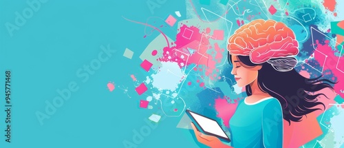 Empowered Minds: Young Woman with Tablet Computer in Brain Illustration