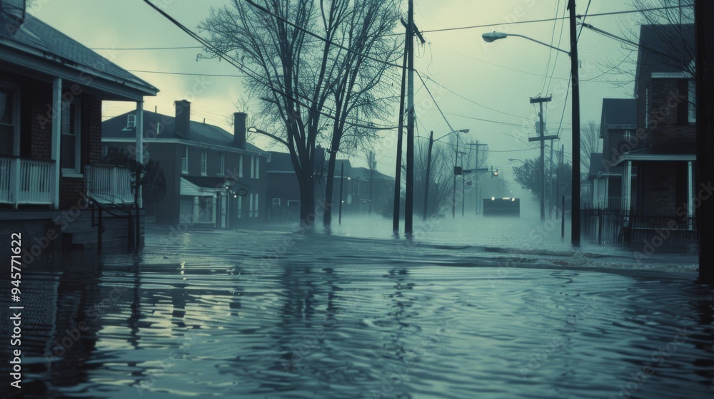 Fototapeta premium A flooded street in a suburban neighborhood, with water submerging the road and surrounding buildings.