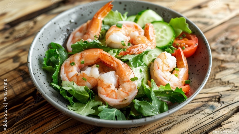 A delicious shrimp salad with fresh greens, tomatoes, cucumbers, and chives in a gray speckled bowl on a wooden table. A delicious shrimp salad with fresh greens, tomatoes, cucumbers, and chives in a gray speckled bowl on a wooden table.
