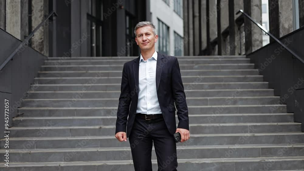 A confident mature businessman in a suit walks down stairs from an office building. He is smiling and looking at the camera. This clip evokes themes of success, leadership, and determination. A confident mature businessman in a suit walks down stairs from an office building. He is smiling and looking at the camera. This clip evokes themes of success, leadership, and determination.