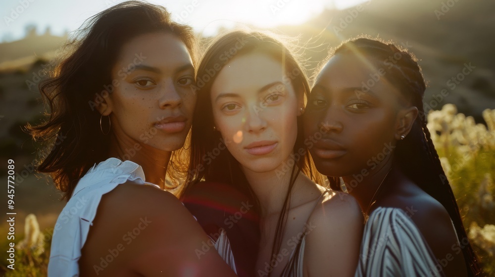 Three women standing close together amidst a sunlit field, capturing a moment of unity and warmth with soft golden light highlighting their serene expressions. Three women standing close together amidst a sunlit field, capturing a moment of unity and warmth with soft golden light highlighting their serene expressions.