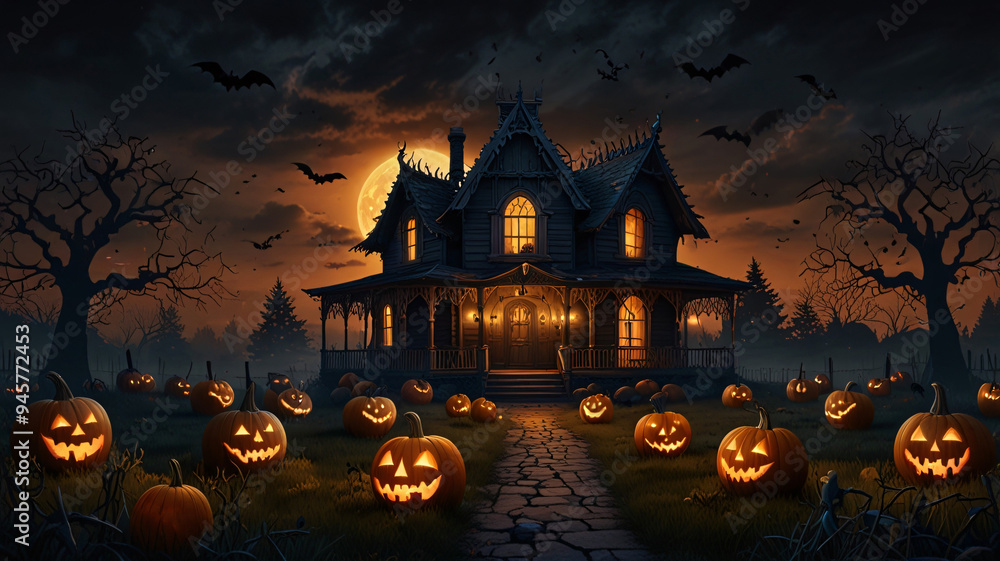 Dark Halloween Night with Spooky House and Pumpkin-Filled Garden, Ai generated Images Dark Halloween Night with Spooky House and Pumpkin-Filled Garden, Ai generated Images