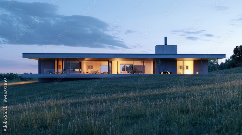 A sleek, modern elevated house on a grassy hillside at twilight, with lights illuminating the interior and creating a serene atmosphere. A sleek, modern elevated house on a grassy hillside at twilight, with lights illuminating the interior and creating a serene atmosphere.