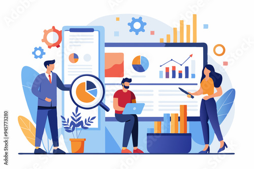 Market research, marketing or advertising survey to launch product, competitors research or social media report marketing report concept, business people look at magnify market data chart and graph.
