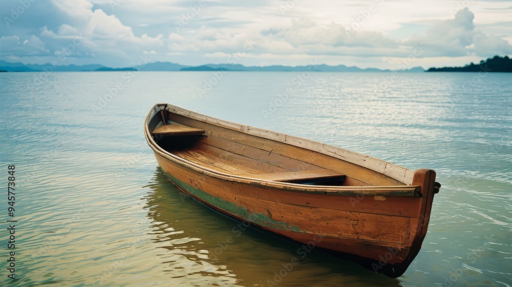 A solitary wooden boat floats gently near the shoreline, framed by a calm sea and distant mountains. A solitary wooden boat floats gently near the shoreline, framed by a calm sea and distant mountains.