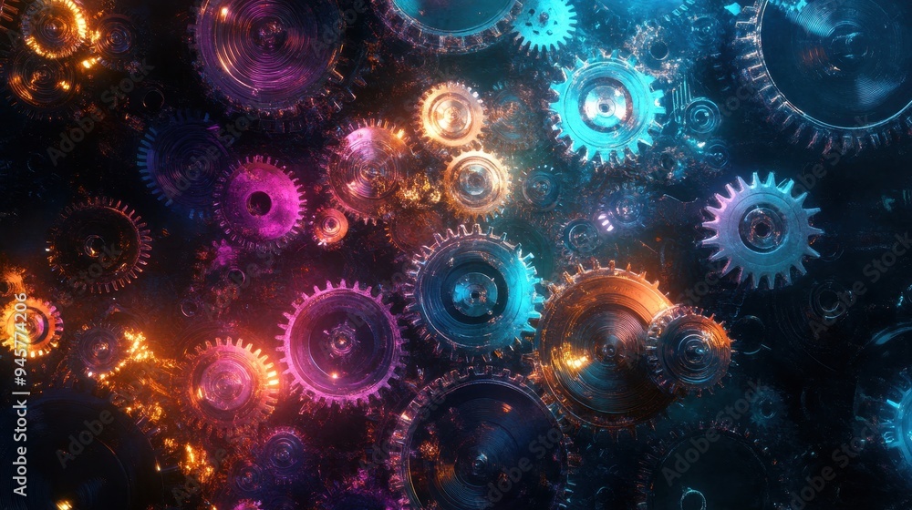 Abstract Glowing Gears Background - Technology, Engineering, Machinery, Industrial Design Concept. Abstract Glowing Gears Background - Technology, Engineering, Machinery, Industrial Design Concept.