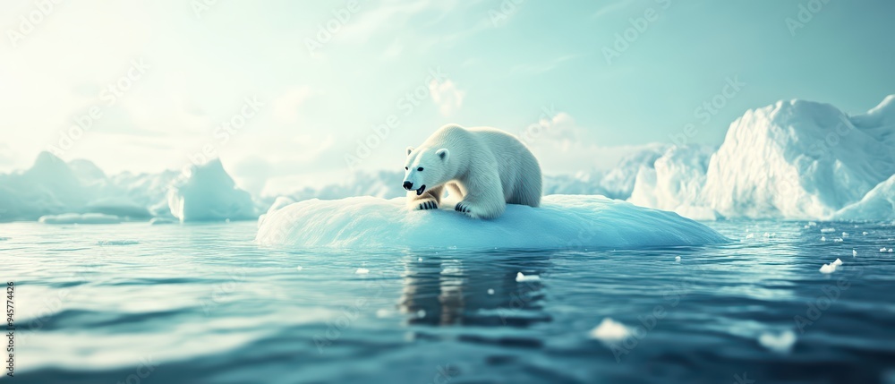 Naklejka premium A serene polar bear rests on an ice floe surrounded by calm waters and a tranquil sky, capturing the beauty of Arctic wildlife.