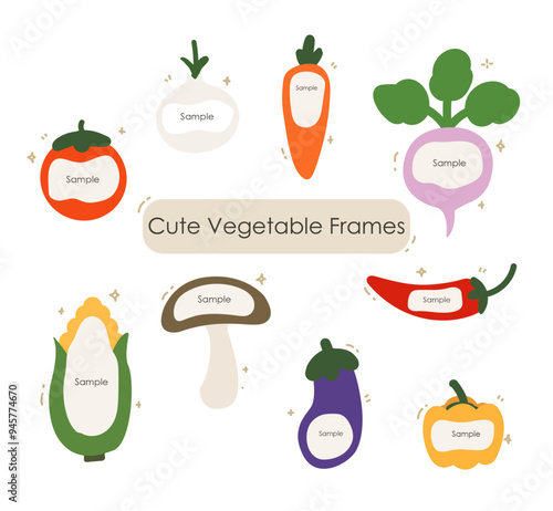 Cute vegetable frame cartoon style illustration set. isolated