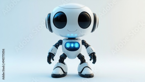 Cute White Robot Standing on White Background